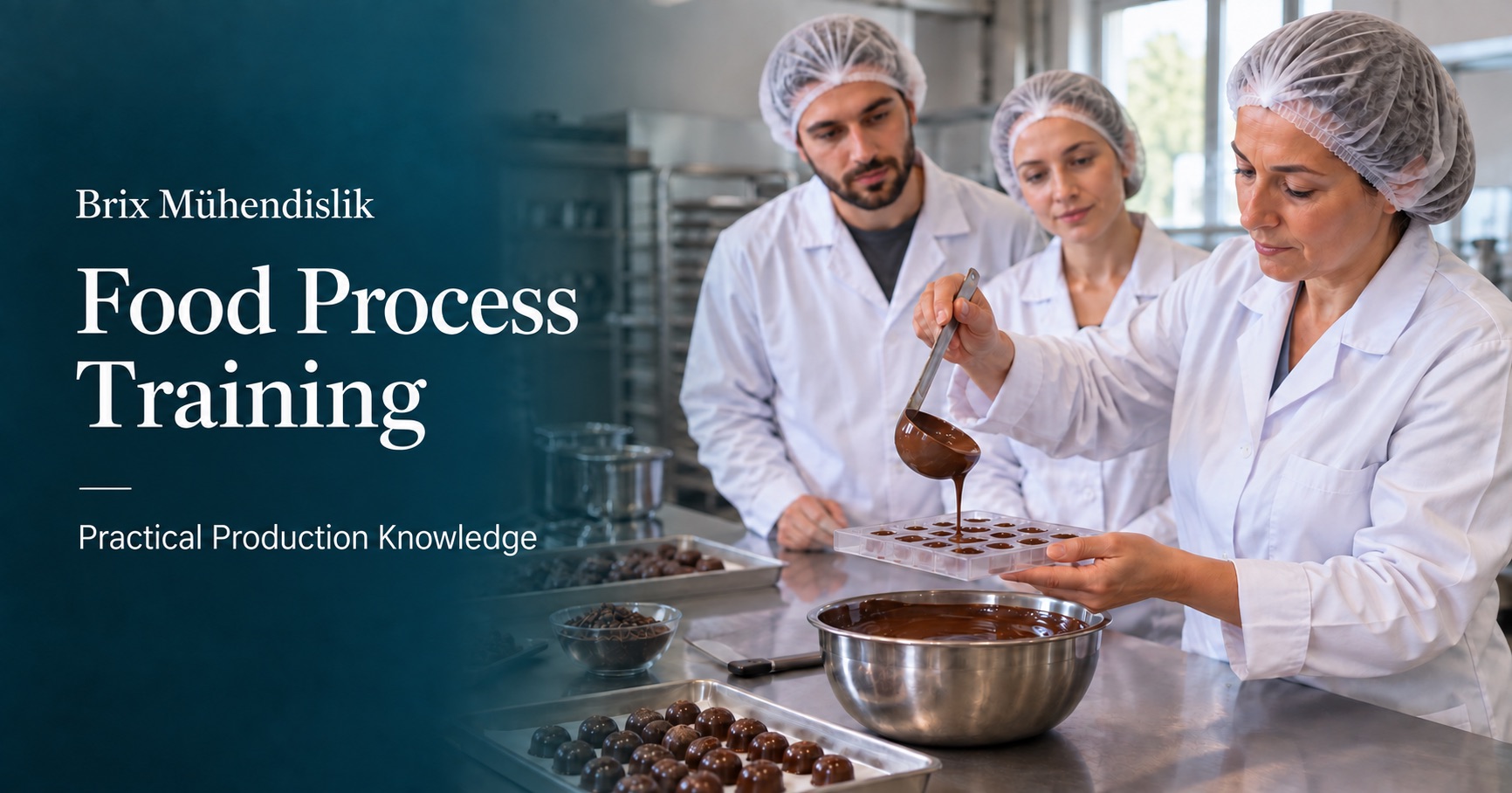 An instructor demonstrates chocolate molding to two trainees; an AI-generated representative training scene.