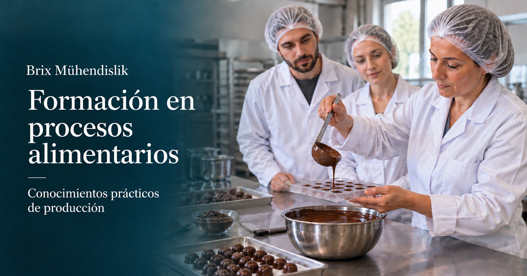 Una instructora muestra el moldeo de chocolate a dos participantes; escena formativa representativa generada por IA.