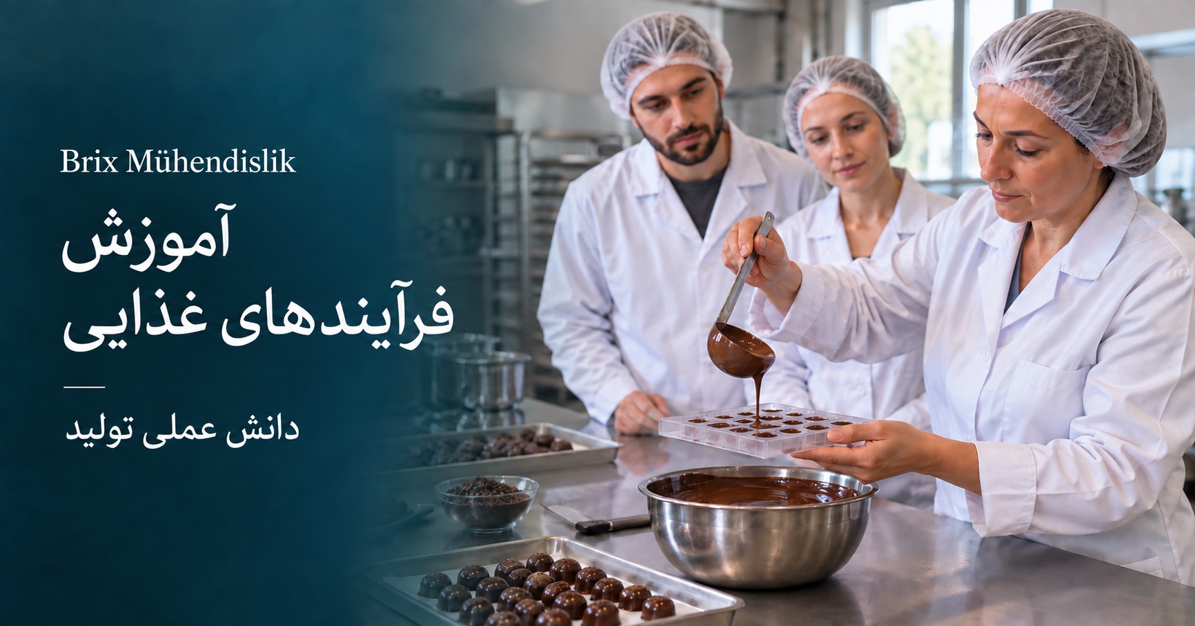 مربی قالب‌گیری شکلات را به دو شرکت‌کننده نشان می‌دهد؛ صحنه آموزشی نمایشی ساخته‌شده با هوش مصنوعی.
