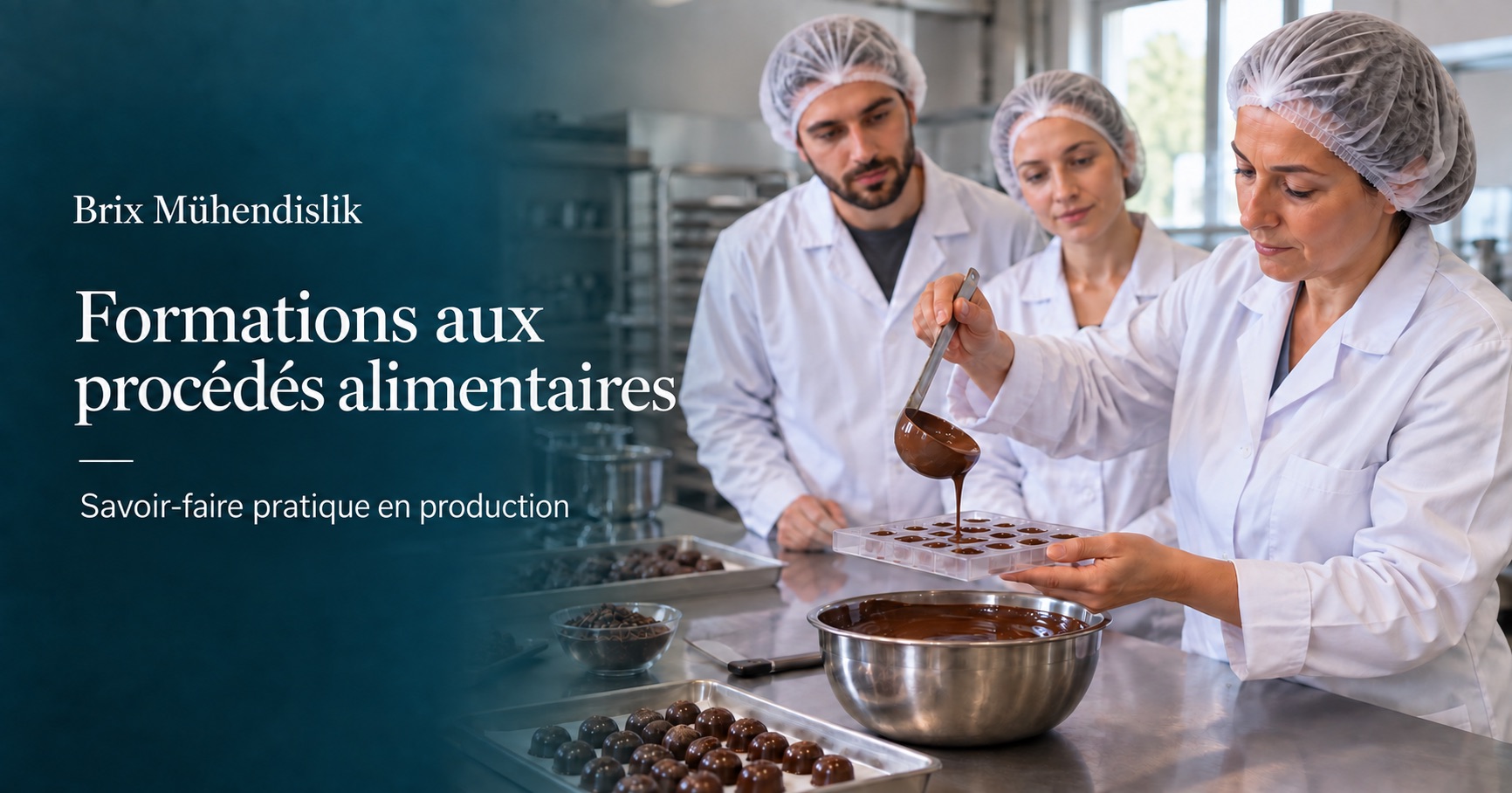 Une formatrice montre le moulage du chocolat à deux participants ; scène de formation représentative générée par IA.