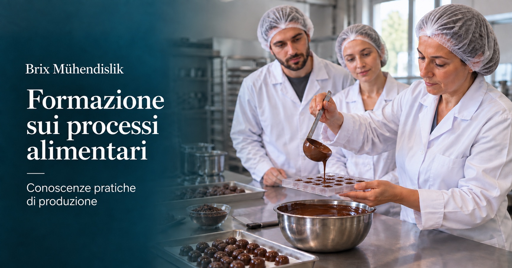 Una formatrice mostra a due partecipanti lo stampaggio del cioccolato; scena formativa rappresentativa generata con IA.