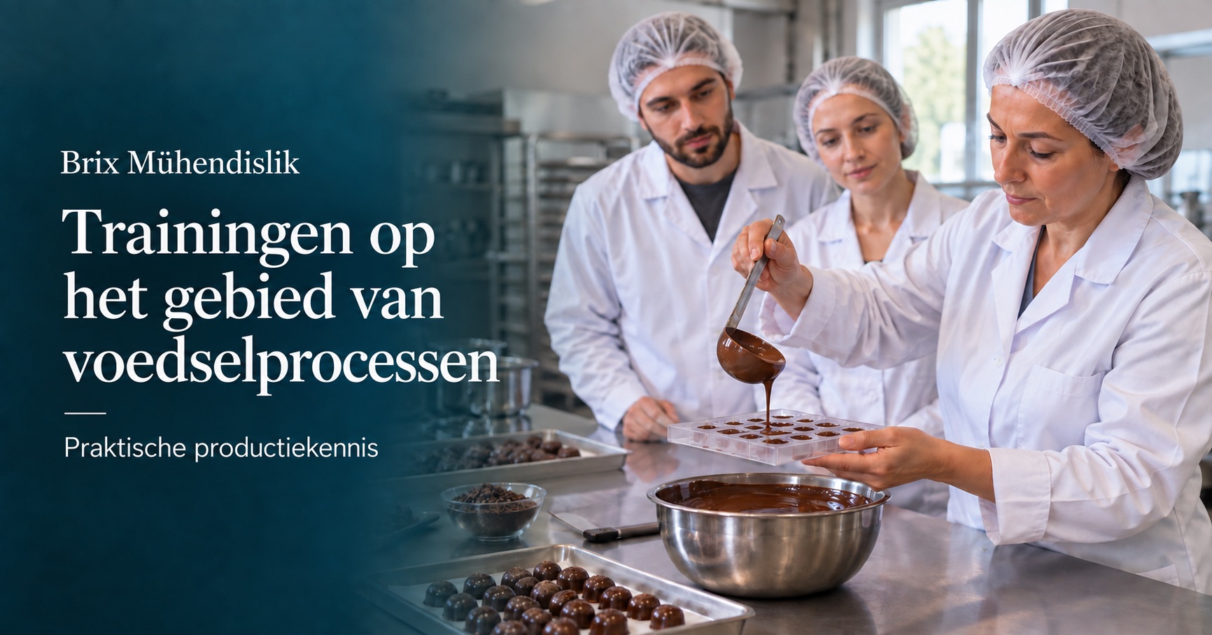 Een instructrice toont twee deelnemers hoe chocolade wordt gevormd; een representatieve trainingsscène gemaakt met AI.