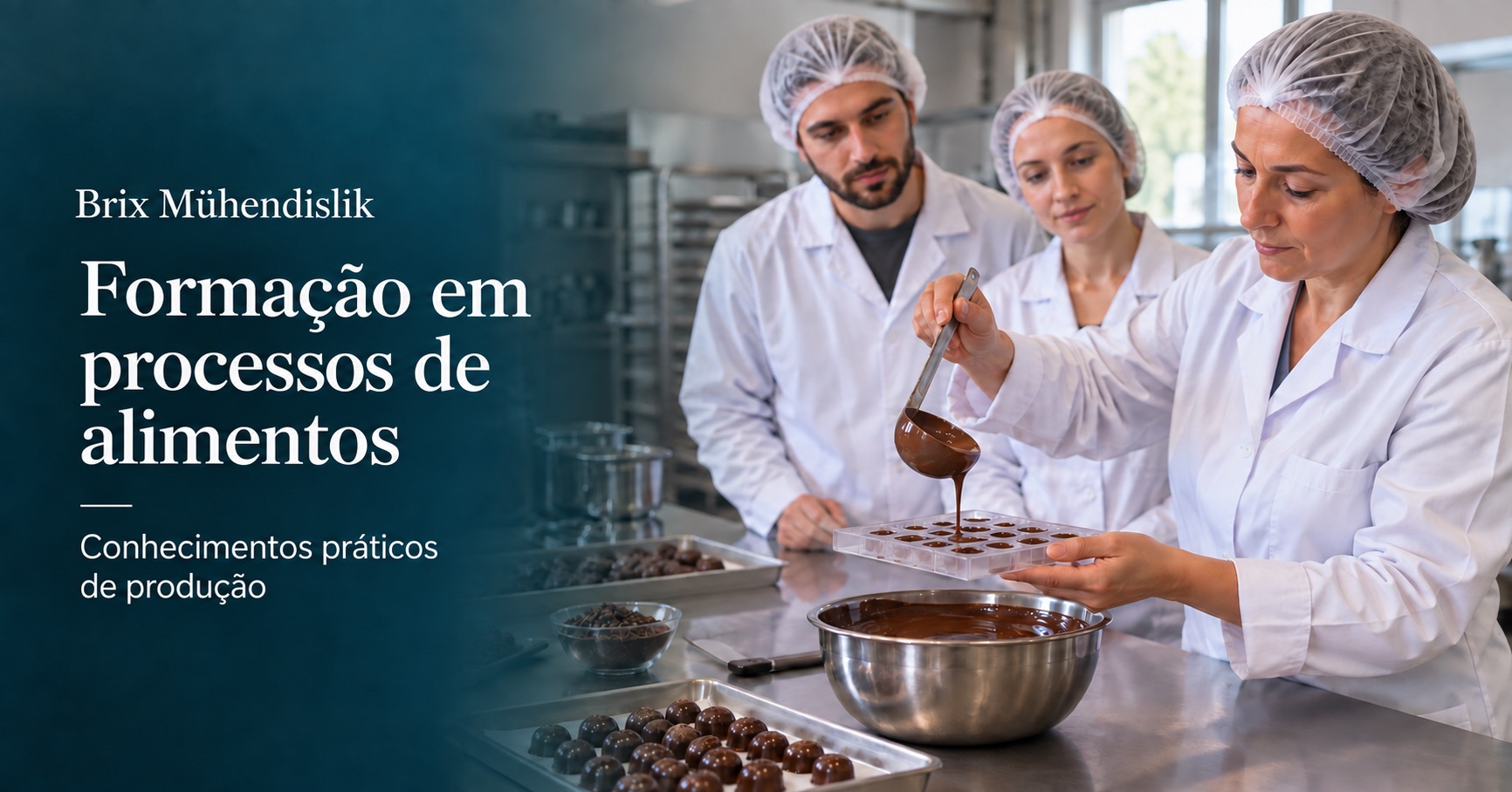 Uma formadora demonstra a moldagem de chocolate a dois participantes; cena de formação representativa gerada por IA.