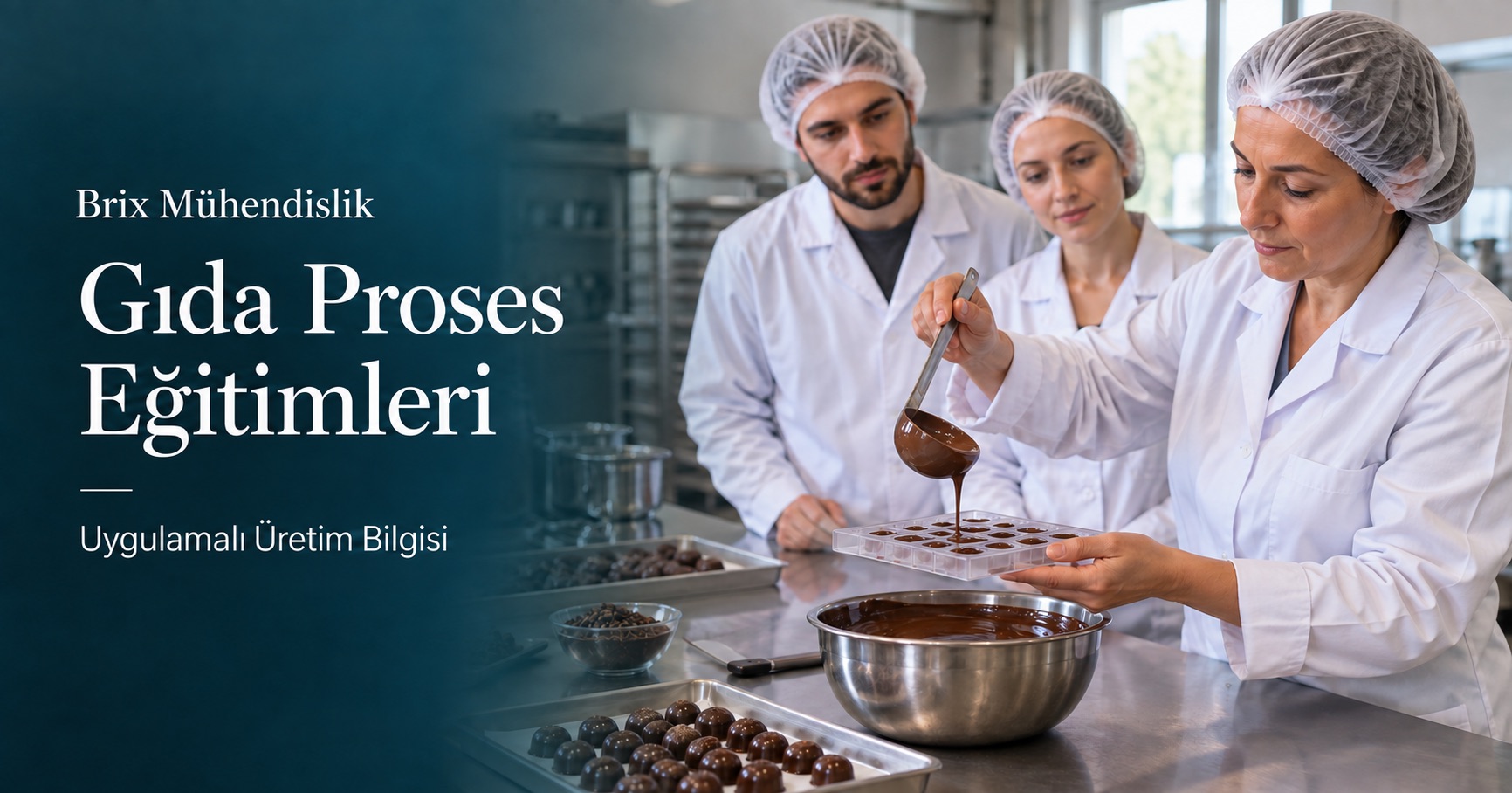 İki katılımcıya çikolata kalıplamayı gösteren eğitmen; yapay zekâ ile üretilmiş temsili eğitim sahnesi.
