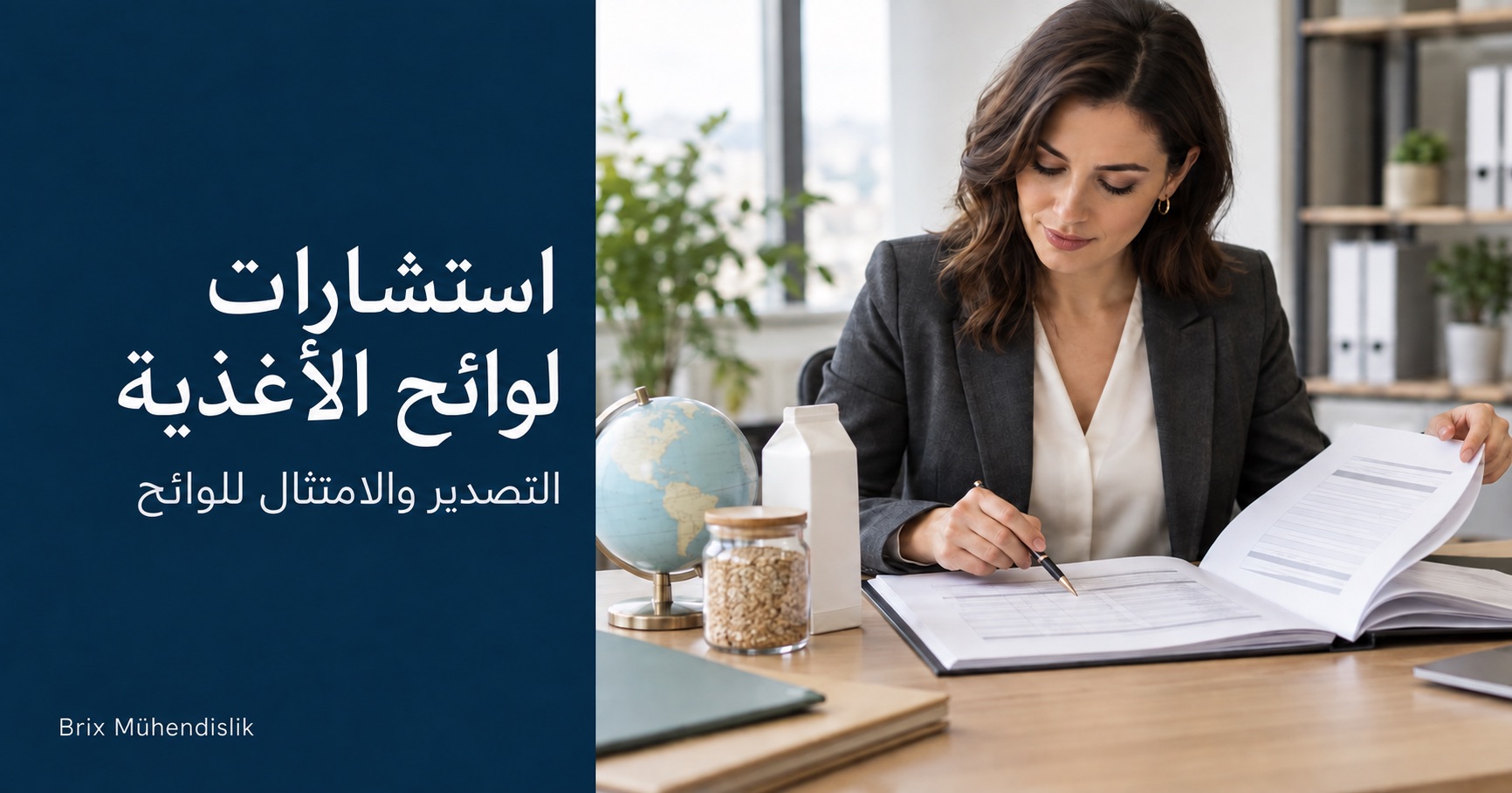 استشارات لوائح الأغذية: مستشارة تراجع ملفًا فنيًا للتصدير بجانب مجسم كرة أرضية وعينات من المنتجات الغذائية.