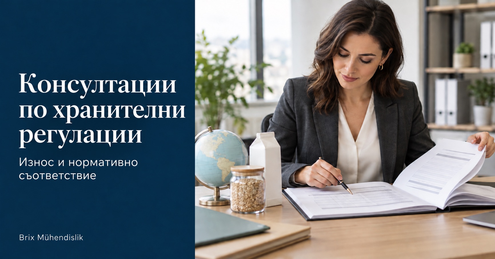 Консултации по хранителни регулации: консултант преглежда техническо досие за износ до настолен глобус и мостри на хранителни продукти.