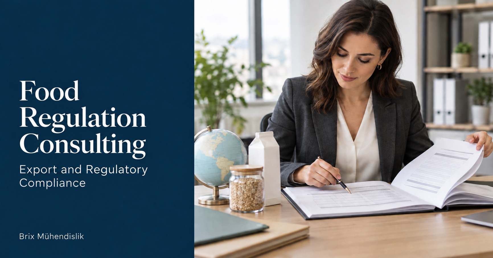 Food Regulation Consulting: a consultant reviews a technical export dossier beside a desk globe and food product samples.