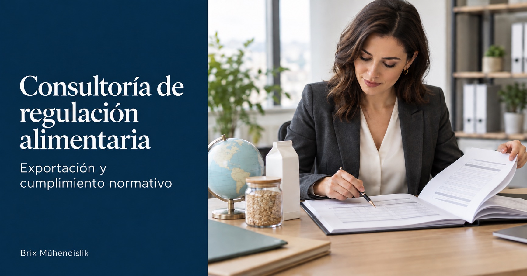 Consultoría de regulación alimentaria: una consultora revisa un expediente técnico de exportación junto a un globo terráqueo y muestras de alimentos.