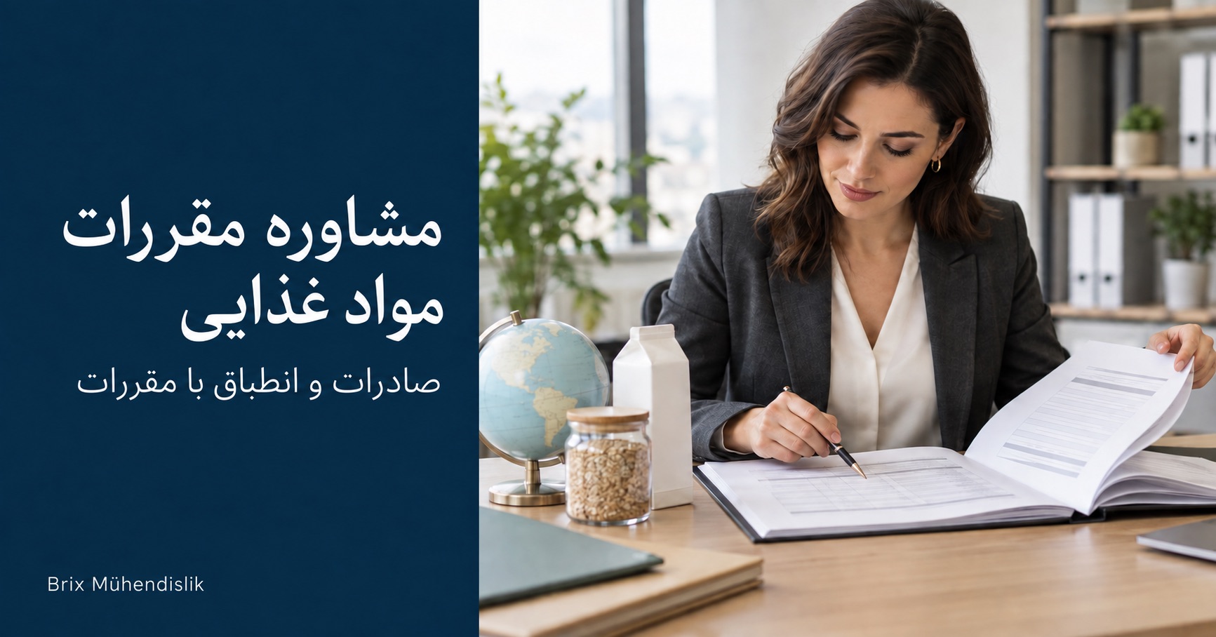 مشاوره مقررات مواد غذایی: مشاور پرونده فنی صادرات را کنار کره جغرافیایی رومیزی و نمونه‌های محصولات غذایی بررسی می‌کند.