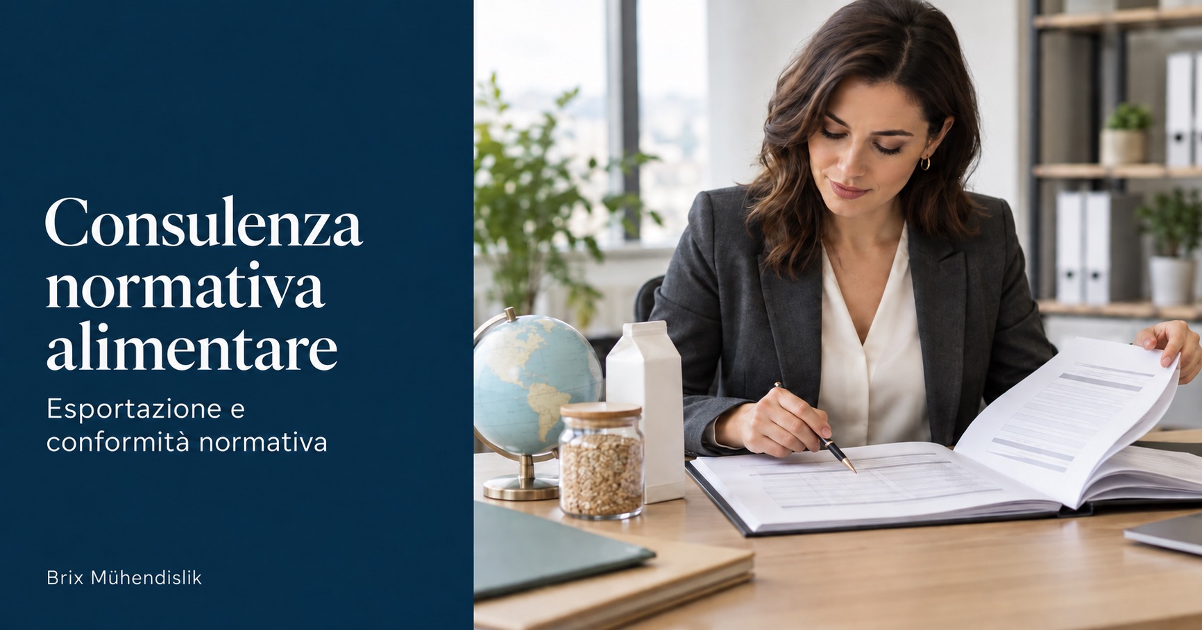 Consulenza normativa alimentare: una consulente esamina un dossier tecnico per l’esportazione accanto a un mappamondo e a campioni alimentari.