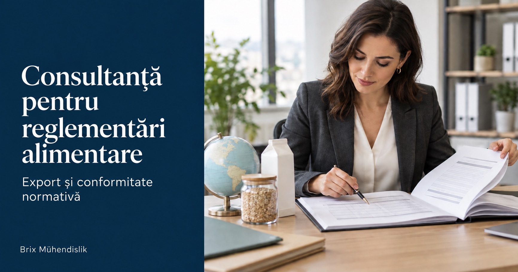 Consultanță pentru reglementări alimentare: o consultantă examinează un dosar tehnic de export lângă un glob pământesc și mostre de produse alimentare.