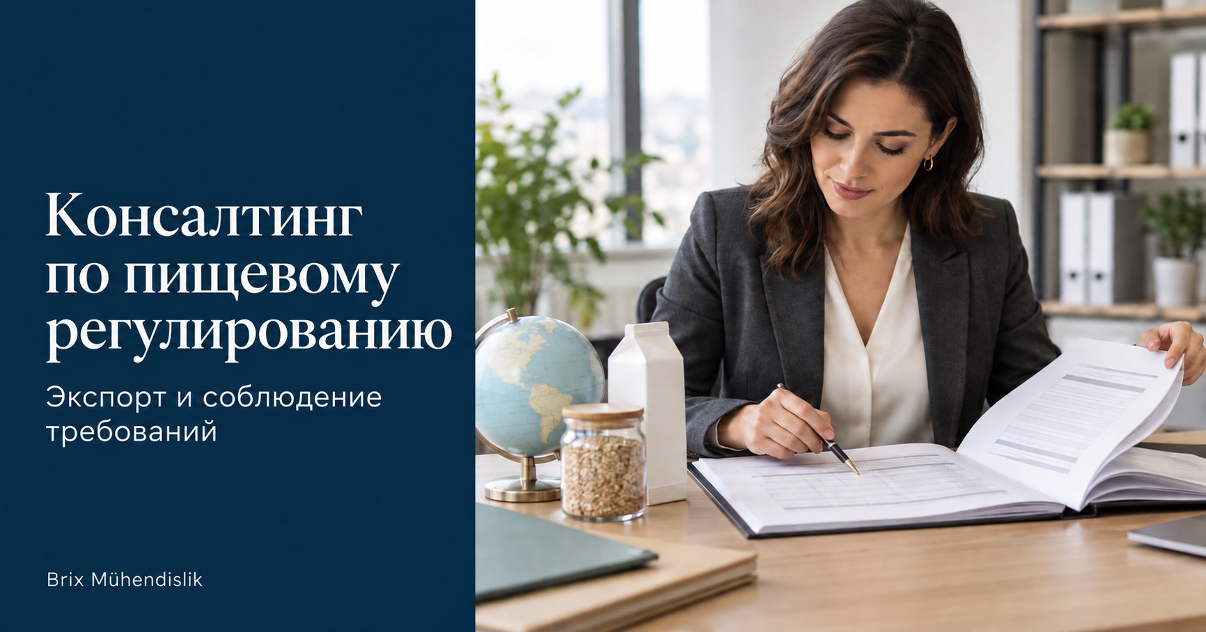 Консалтинг по пищевому регулированию: консультант изучает техническое экспортное досье рядом с настольным глобусом и образцами продуктов.