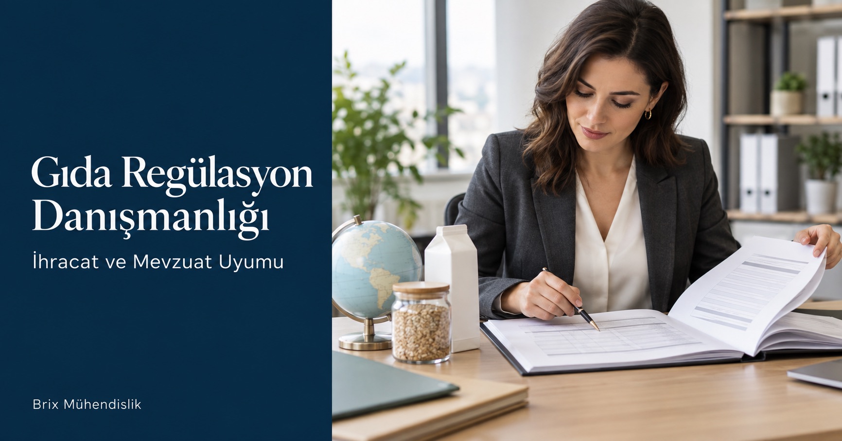 Gıda Regülasyon Danışmanlığı: danışman, masa küresi ve gıda örnekleri yanında ihracata yönelik teknik dosyayı inceliyor.