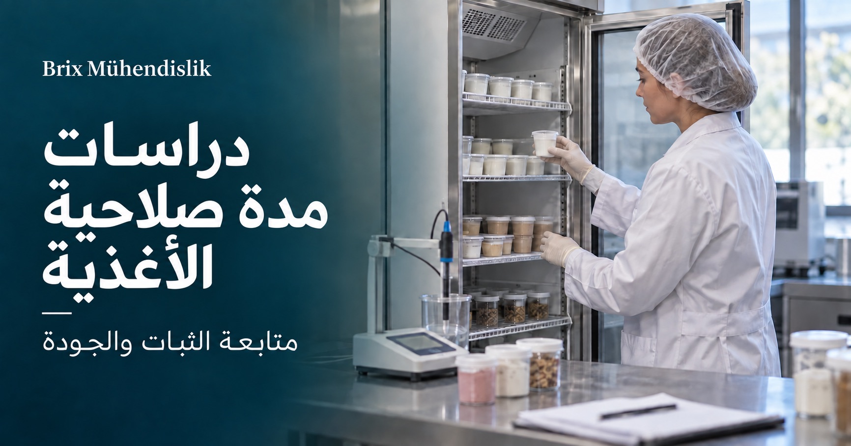 باحثة تفحص عينات غذائية في خزانة حفظ مضبوطة بجوار جهاز قياس الأس الهيدروجيني؛ مشهد تمثيلي مولّد بالذكاء الاصطناعي.