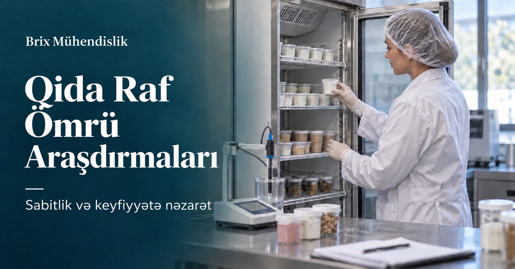 Nəzarətli saxlama dolabında qida nümunələrini yoxlayan mütəxəssis və pH cihazı; süni intellektlə yaradılmış təmsili səhnə.
