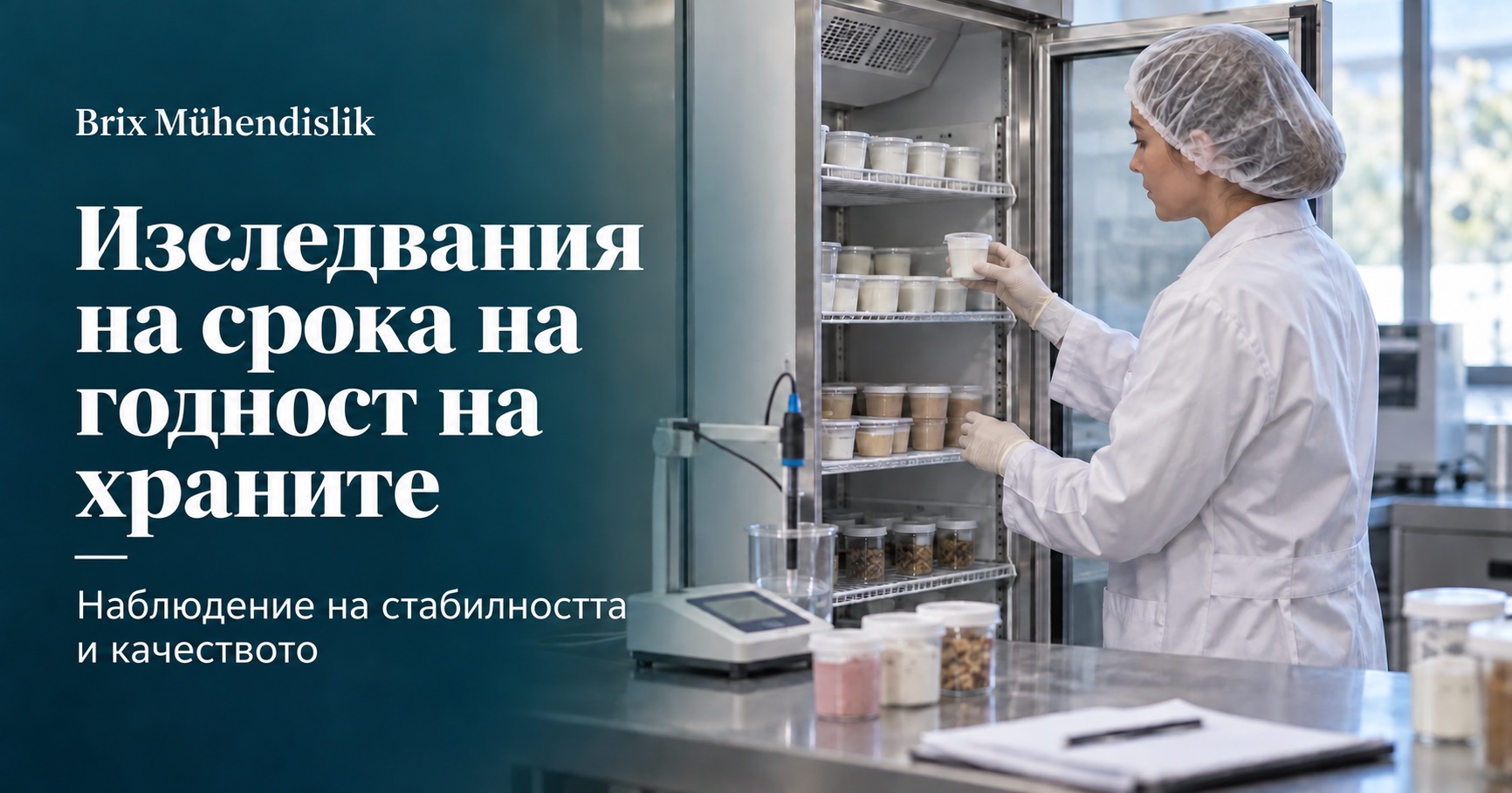 Изследователка проверява хранителни проби в климатична камера до pH-метър; представителна сцена, създадена с изкуствен интелект.