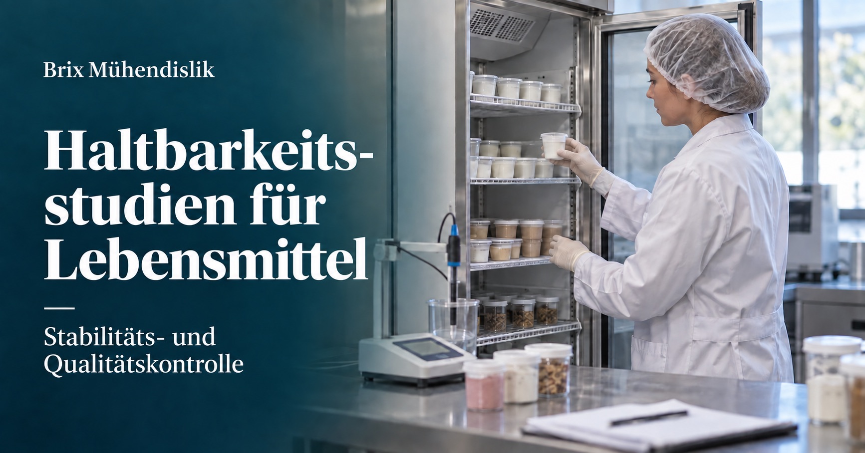 Eine Wissenschaftlerin prüft Lebensmittelproben im Klimaschrank neben einem pH-Messgerät; eine KI-generierte repräsentative Szene.