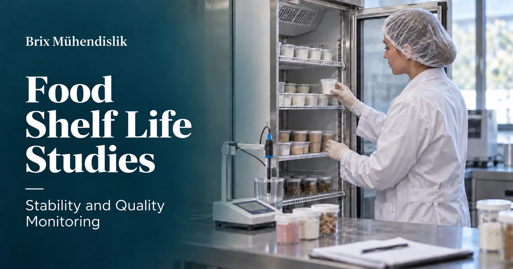 A scientist examines food samples in a controlled storage cabinet beside a pH meter; an AI-generated representative scene.