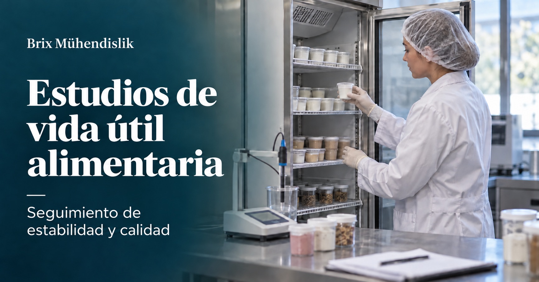 Una investigadora examina muestras alimentarias en una cámara de conservación junto a un medidor de pH; escena representativa generada por IA.