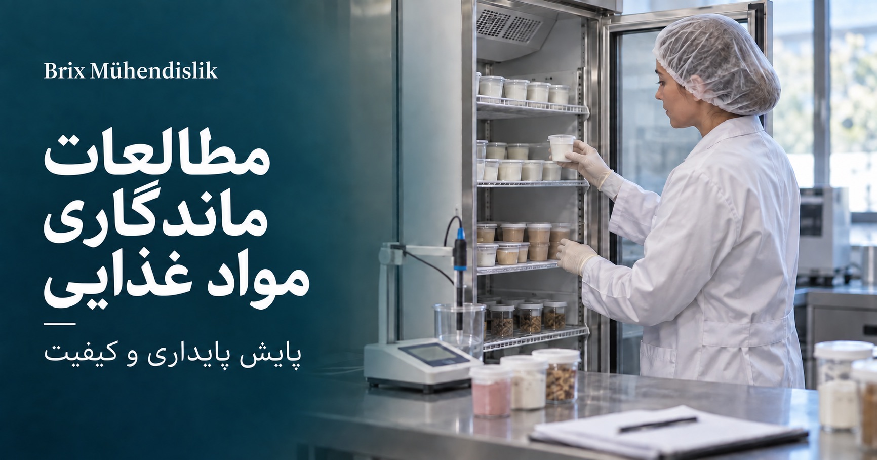 پژوهشگر نمونه‌های غذایی را در محفظه نگهداری کنترل‌شده کنار دستگاه سنجش pH بررسی می‌کند؛ صحنه نمایشی ساخته‌شده با هوش مصنوعی.