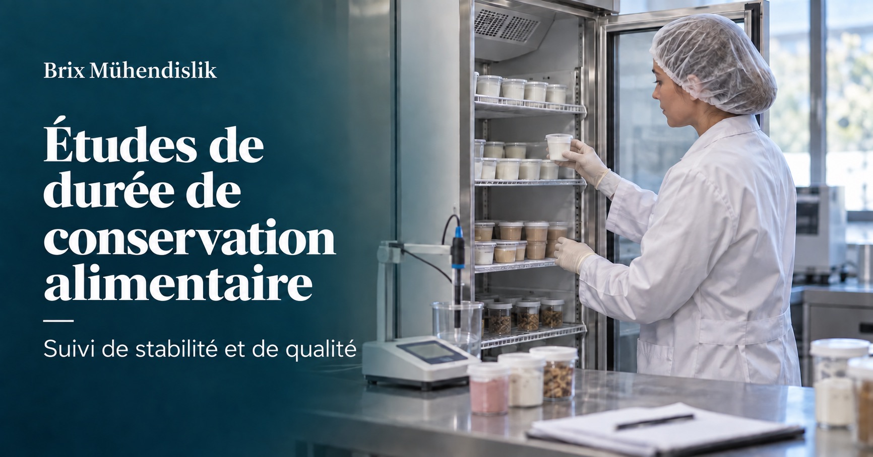 Une scientifique examine des échantillons alimentaires en enceinte de conservation près d’un pH-mètre ; scène représentative générée par IA.