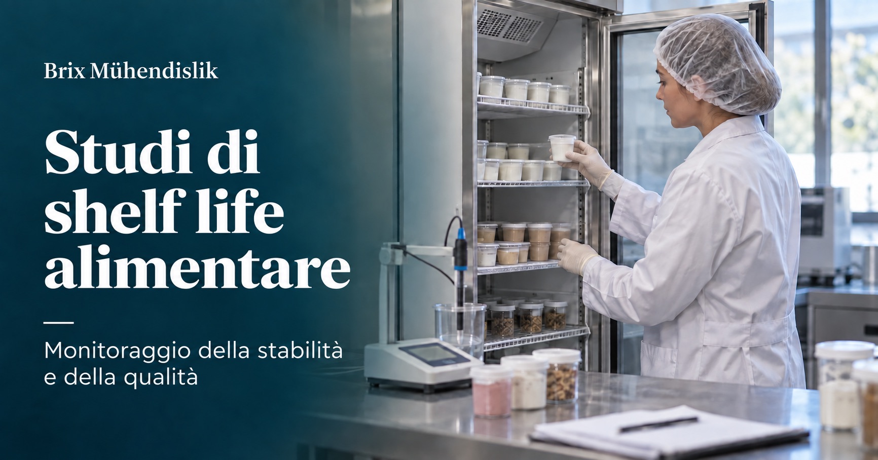 Una ricercatrice esamina campioni alimentari in una camera di conservazione accanto a un pH-metro; scena rappresentativa generata con IA.