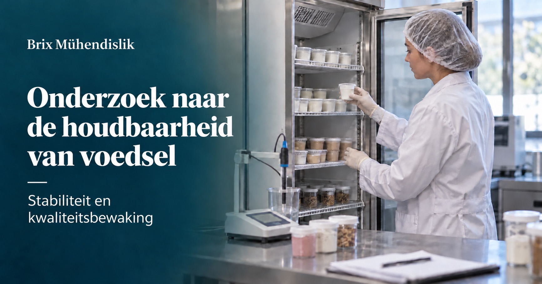Een onderzoekster bekijkt voedselmonsters in een klimaatkast naast een pH-meter; een representatieve scène gemaakt met AI.