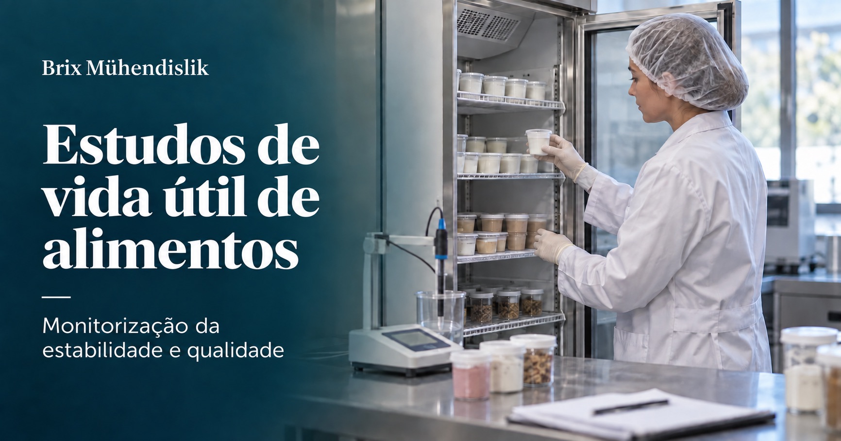 Uma investigadora examina amostras alimentares numa câmara de conservação junto a um medidor de pH; cena representativa gerada por IA.