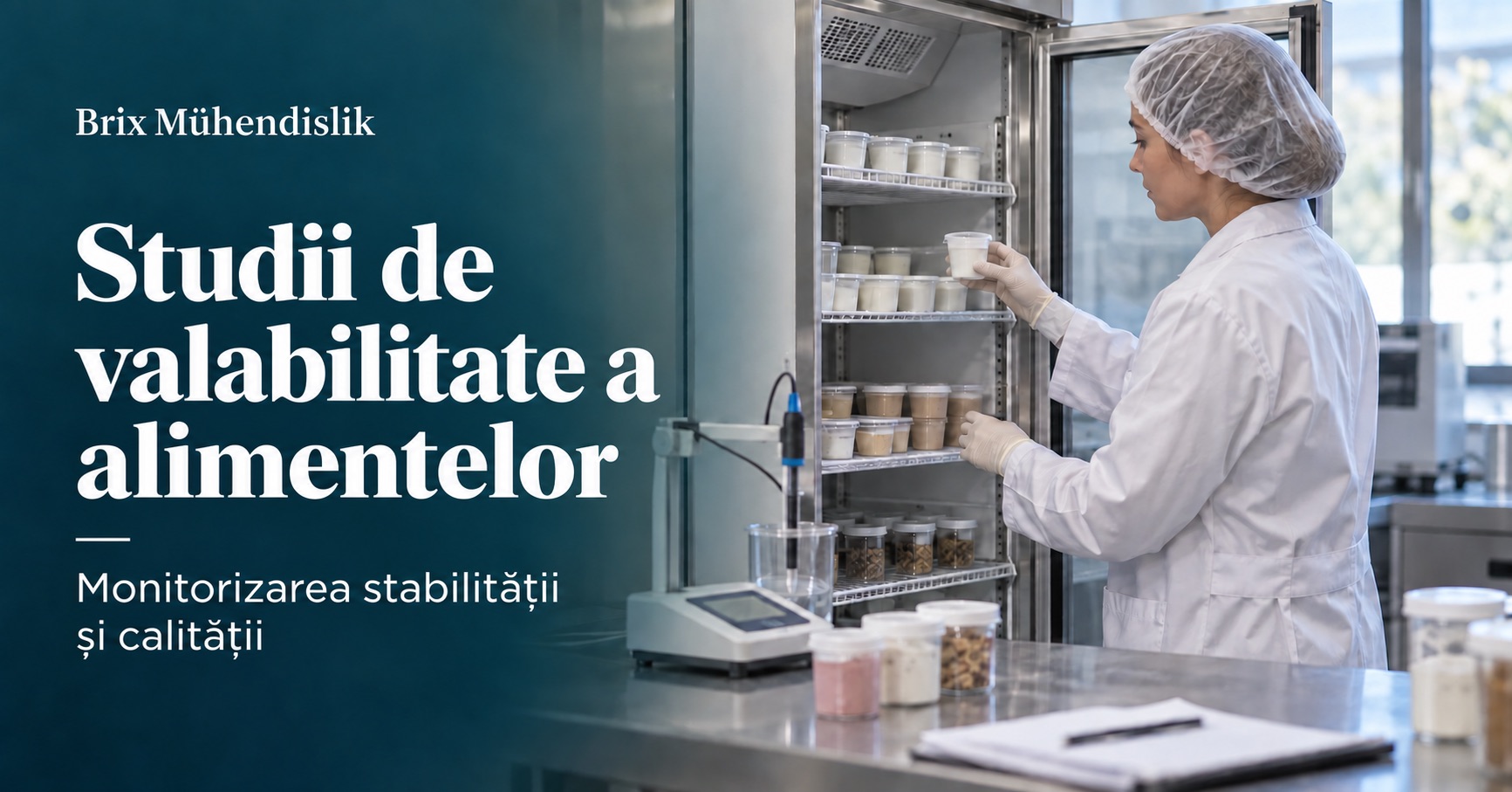 O cercetătoare examinează probe alimentare într-o cameră de păstrare controlată, lângă un pH-metru; scenă reprezentativă generată cu IA.