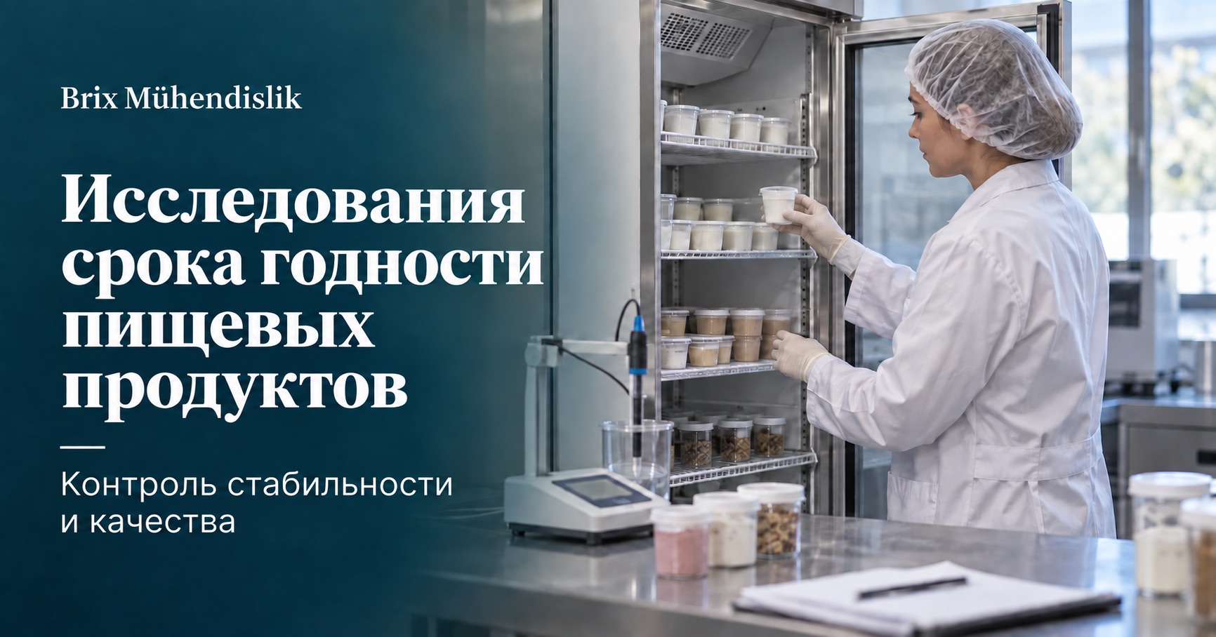 Исследовательница осматривает пищевые образцы в климатической камере рядом с pH-метром; иллюстративная сцена, созданная ИИ.