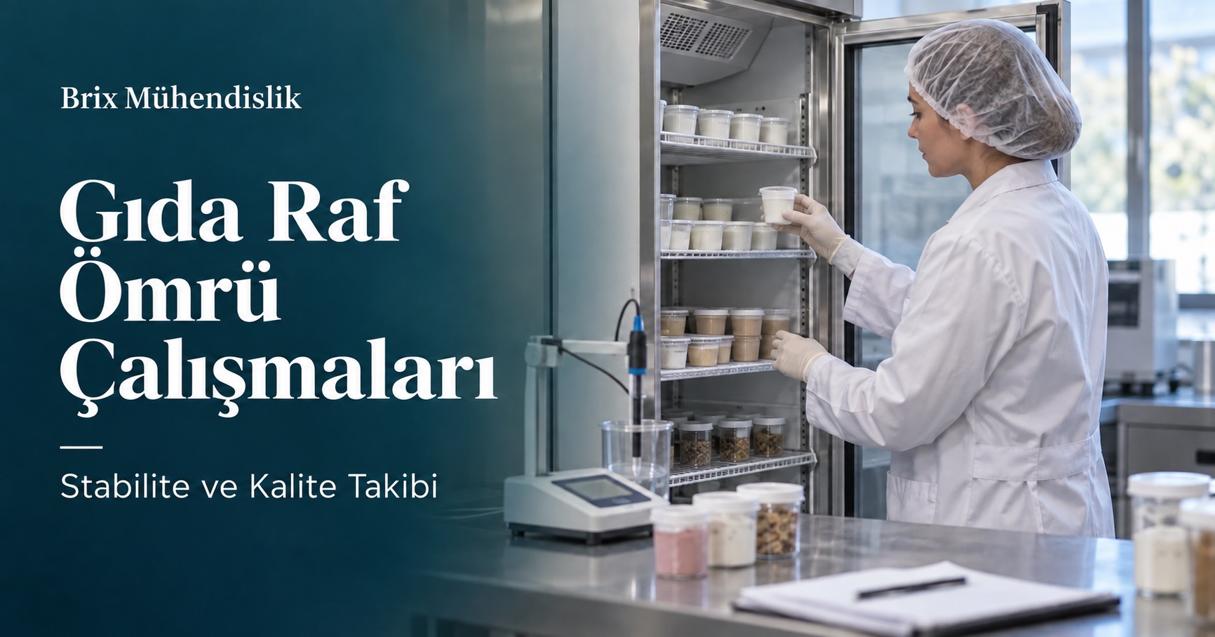 Kontrollü saklama dolabındaki gıda numunelerini inceleyen uzman ve pH ölçüm cihazı; yapay zekâ ile üretilmiş temsili sahne.