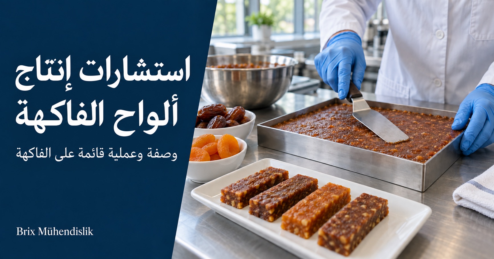 مختص يسوّي معجون الفاكهة في قالب فولاذي بجانب ألواح الفاكهة والتمر والمشمش المجفف في مطبخ تجريبي.