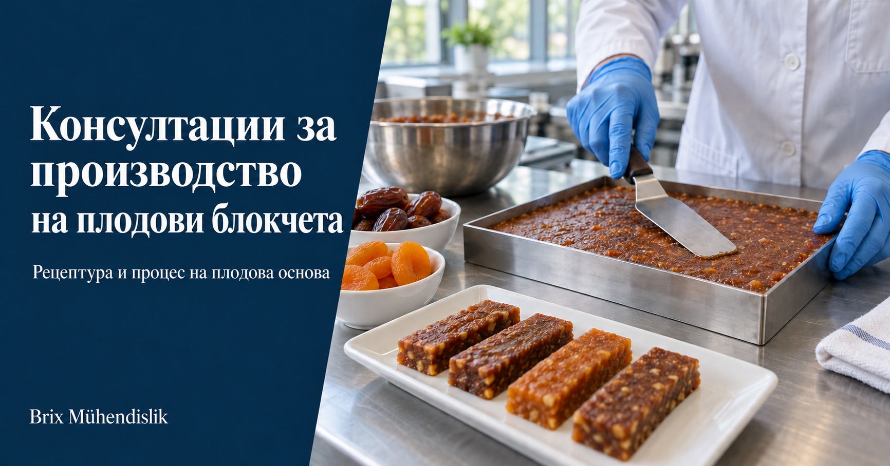 Специалист заглажда плодова паста в стоманена форма до плодови блокчета, фурми и сушени кайсии в пилотна кухня.