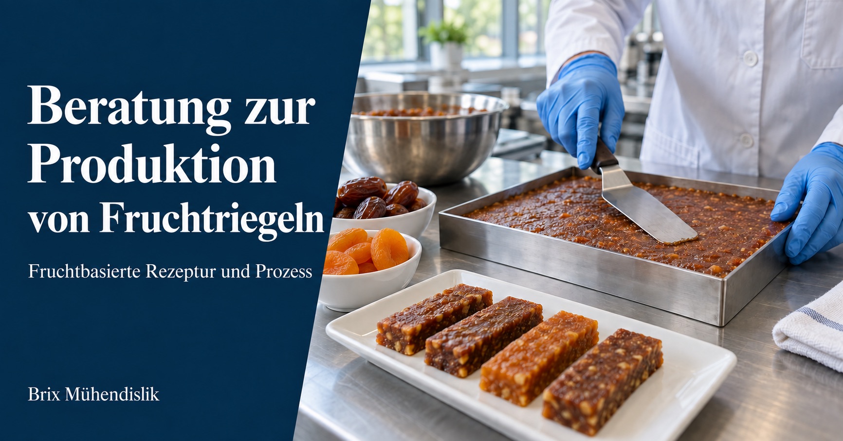 Fachkraft glättet Fruchtmasse in einem Stahlrahmen neben Fruchtriegeln, Datteln und getrockneten Aprikosen in der Versuchsküche.