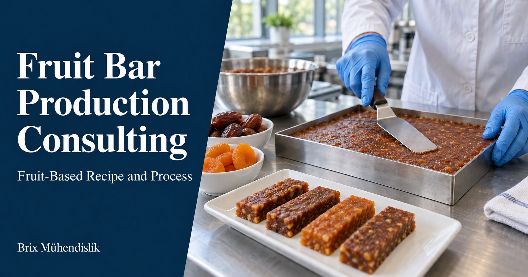 Specialist leveling fruit paste in a steel frame beside fruit bar samples, dates and dried apricots in a pilot kitchen.