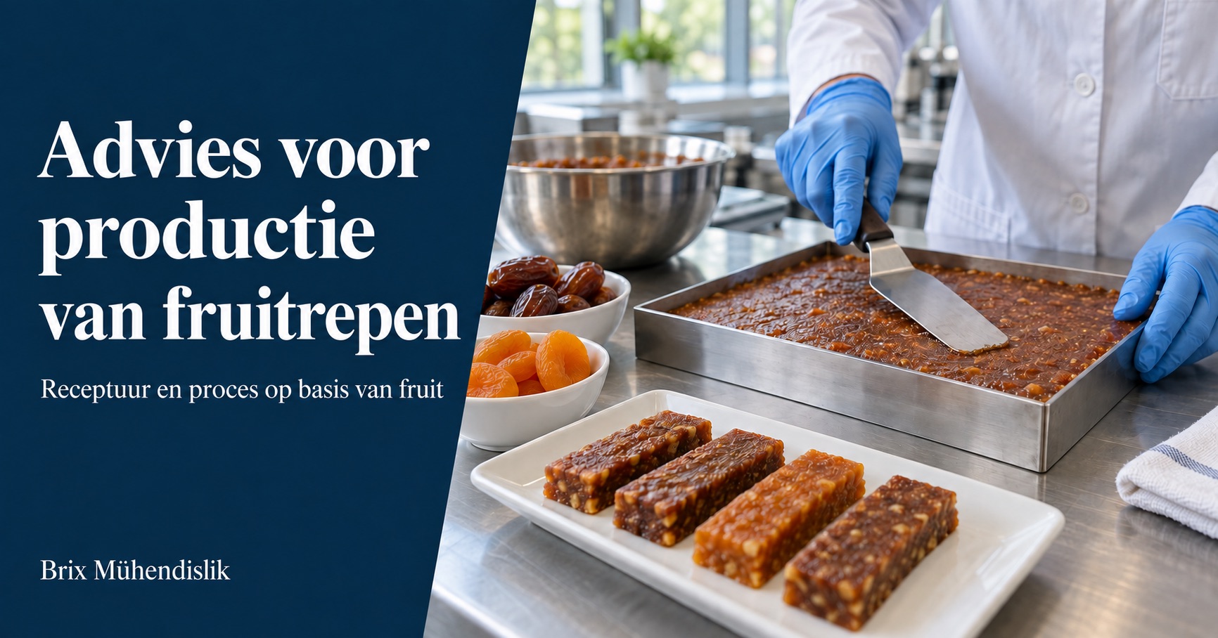 Specialist strijkt fruitpasta glad in een stalen vorm naast fruitrepen, dadels en gedroogde abrikozen in de proefkeuken.