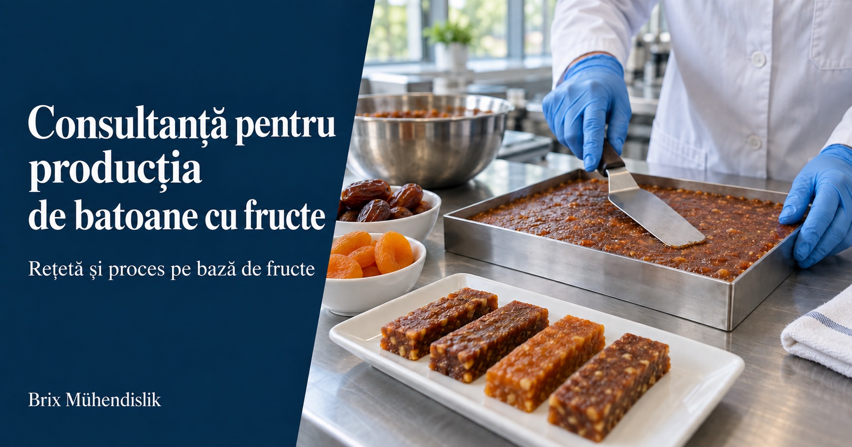 Specialist nivelează pasta de fructe într-o formă de oțel lângă batoane, curmale și caise uscate într-o bucătărie pilot.