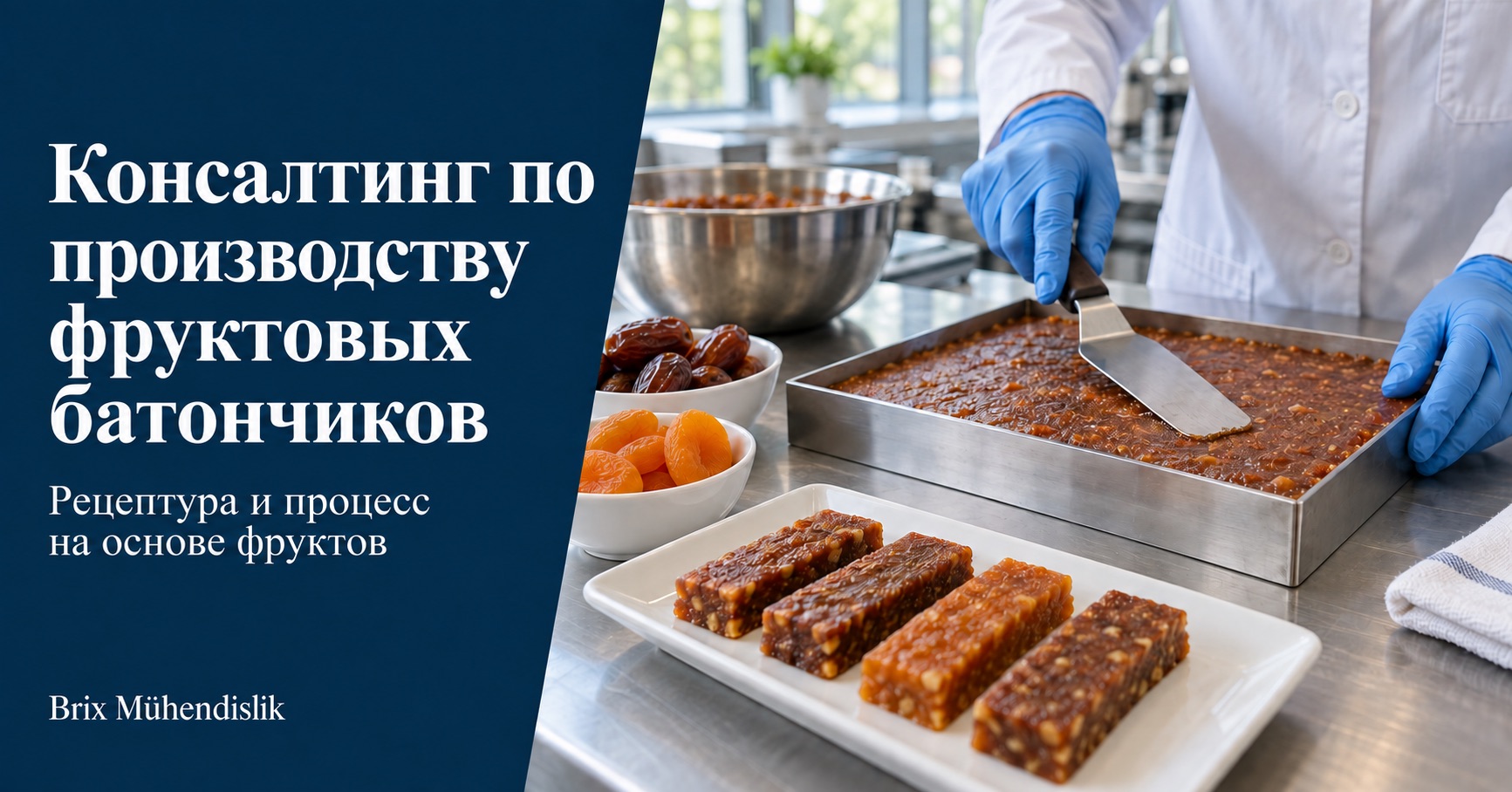 Специалист разравнивает фруктовую пасту в стальной форме рядом с батончиками, финиками и курагой на опытной кухне.