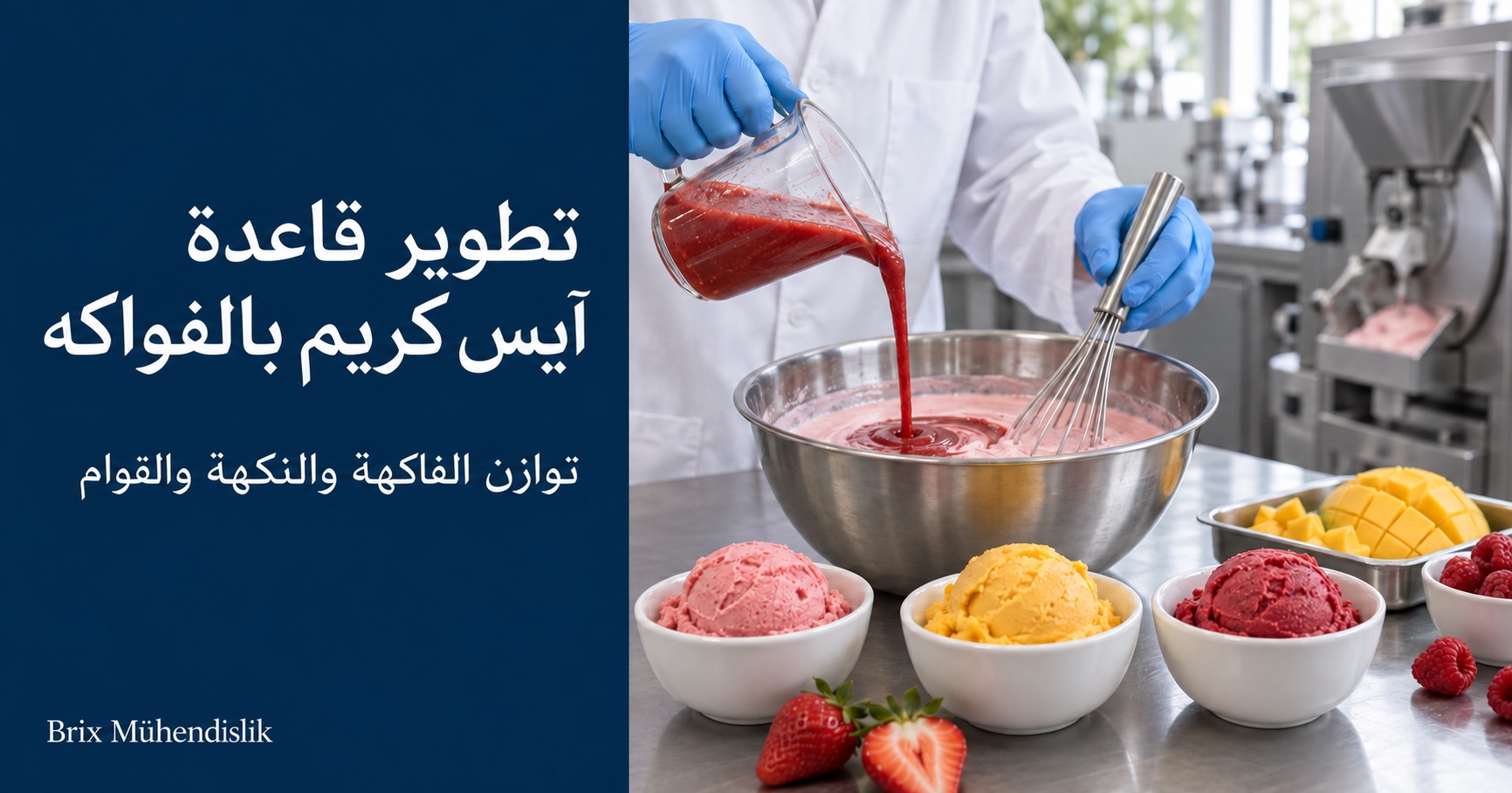 مختص يضيف هريس الفراولة إلى قاعدة آيس كريم بالفواكه في مطبخ تجريبي بجانب عينات حلويات مجمدة.