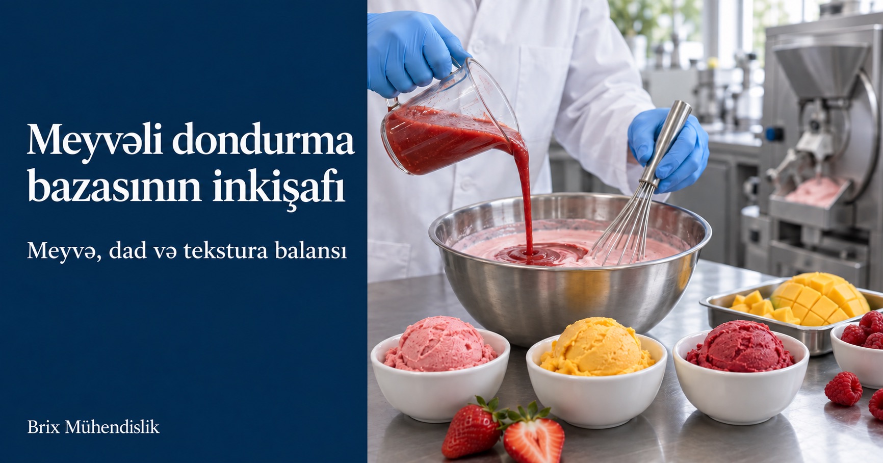 Sınaq mətbəxində meyvəli dondurma bazasına çiyələk püresi əlavə edən mütəxəssis və müxtəlif dondurma nümunələri.
