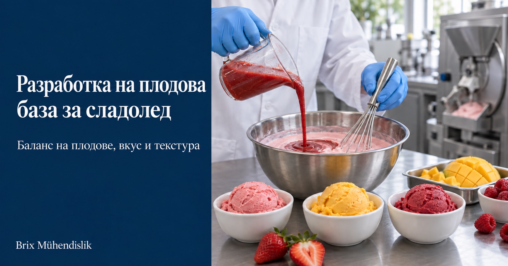 Специалист добавя ягодово пюре към база за плодов сладолед в пилотна кухня до проби от замразени десерти.