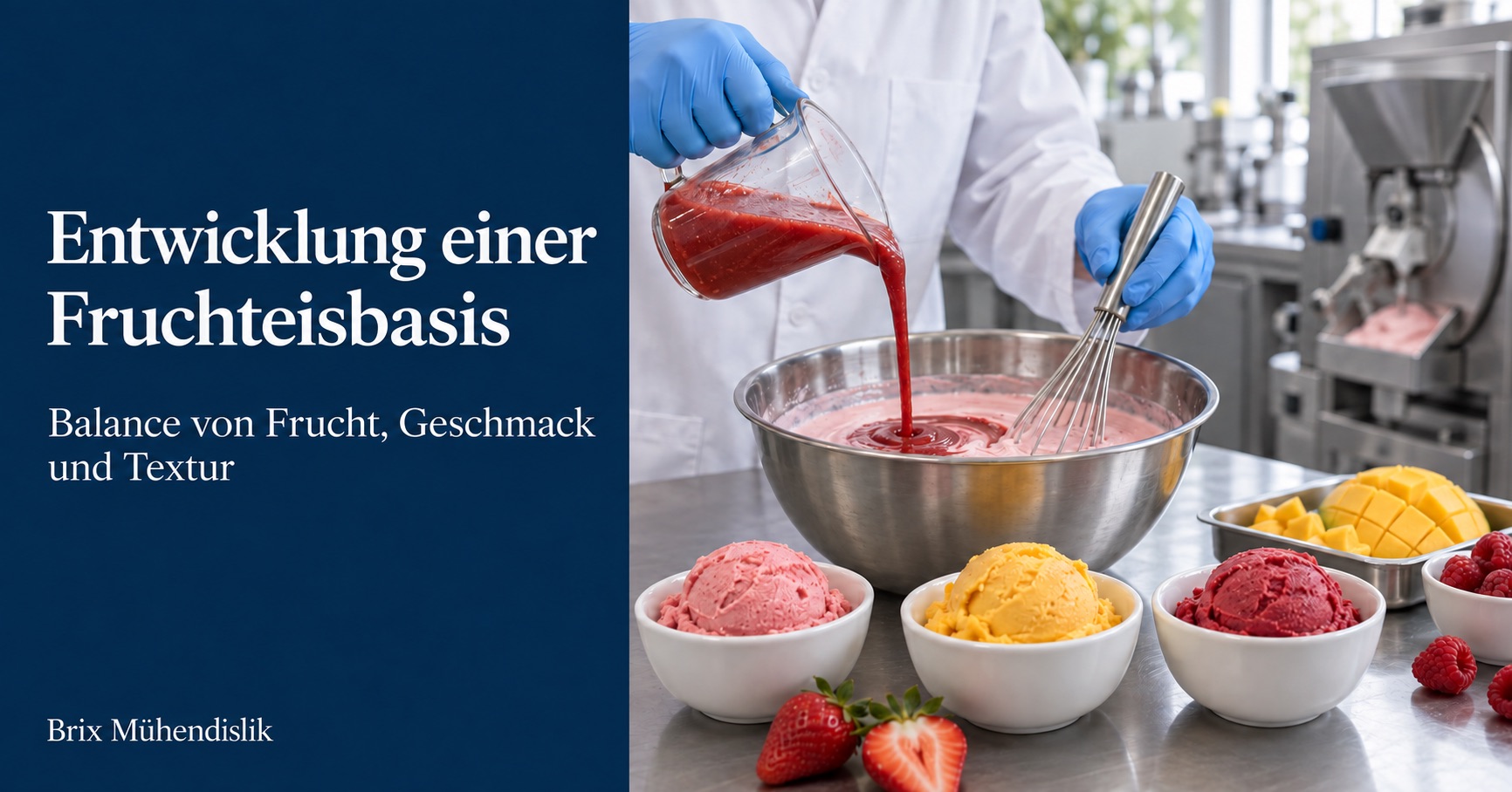 Fachkraft gibt Erdbeerpüree in eine Fruchteisbasis in einer Pilotküche, neben Proben verschiedener Fruchteissorten.