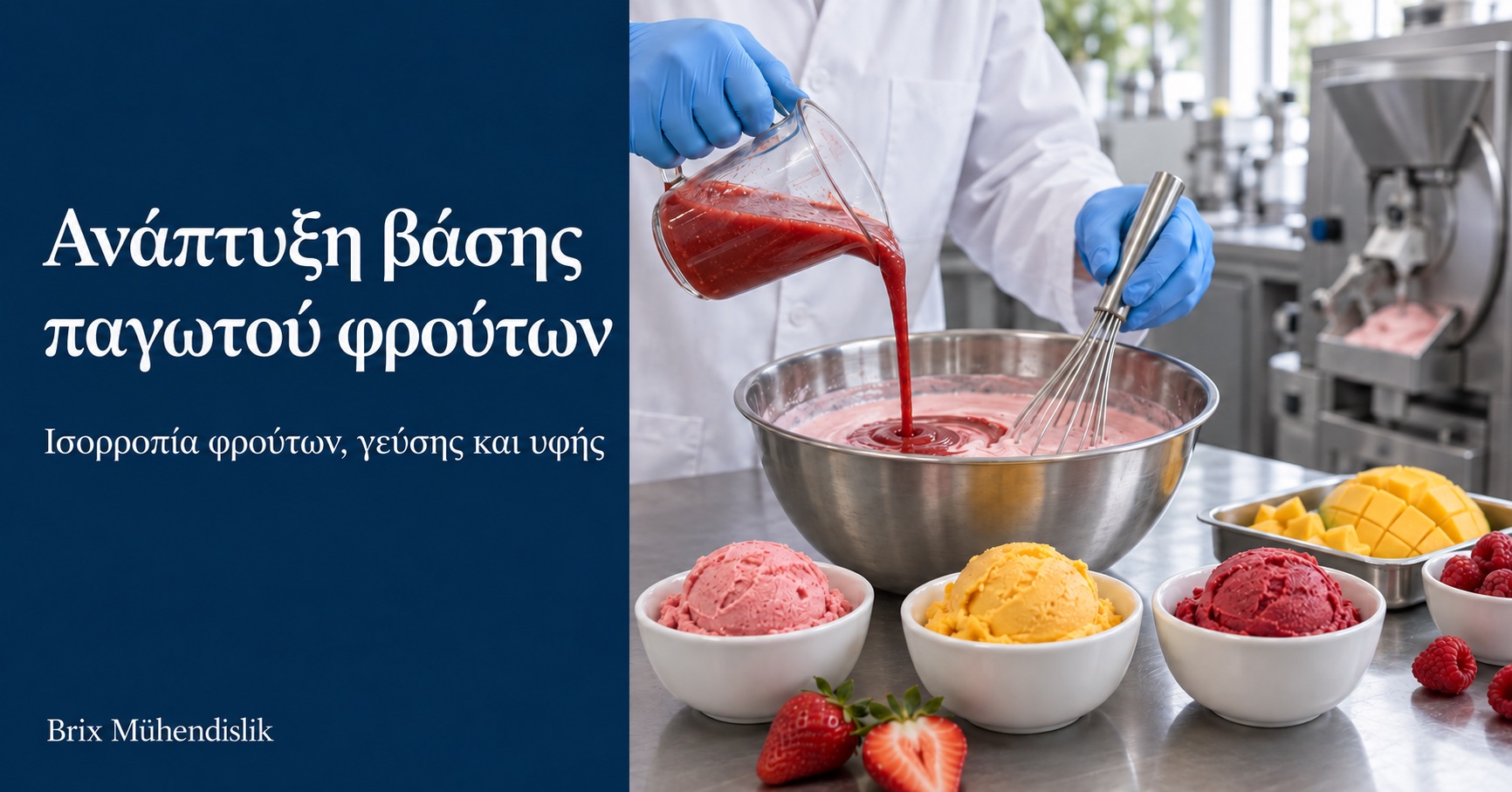 Ειδικός προσθέτει πουρέ φράουλας σε βάση παγωτού φρούτων σε πιλοτική κουζίνα δίπλα σε δείγματα παγωμένων επιδορπίων.