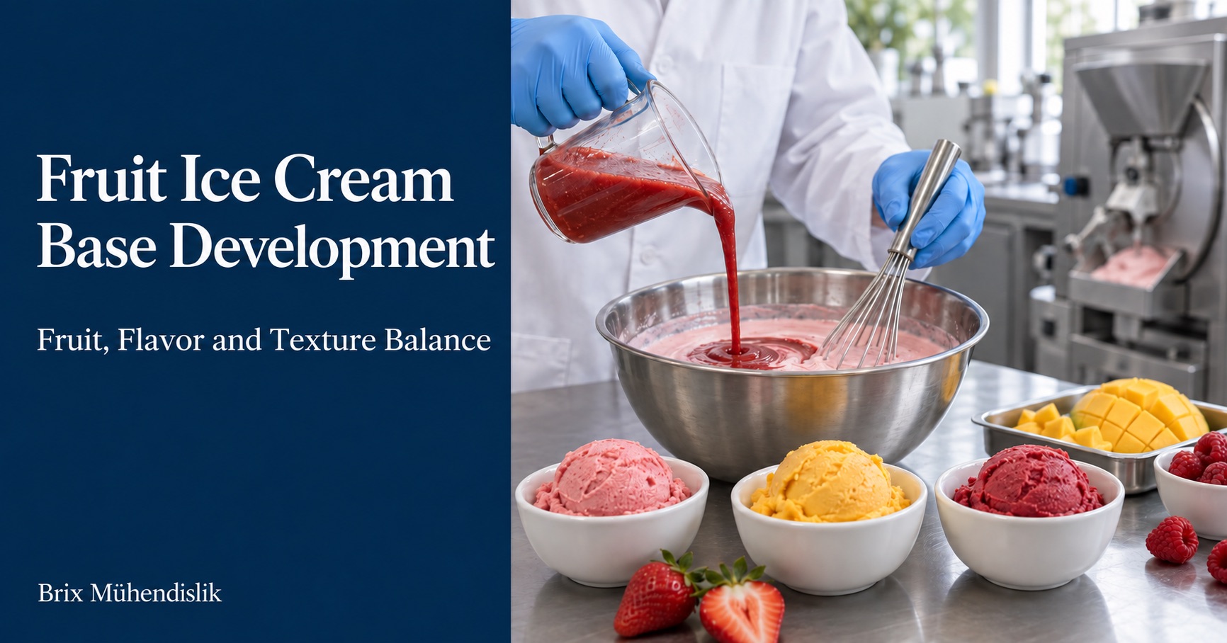 Specialist adding strawberry puree to a fruit ice cream base in a pilot kitchen beside colorful frozen dessert samples.