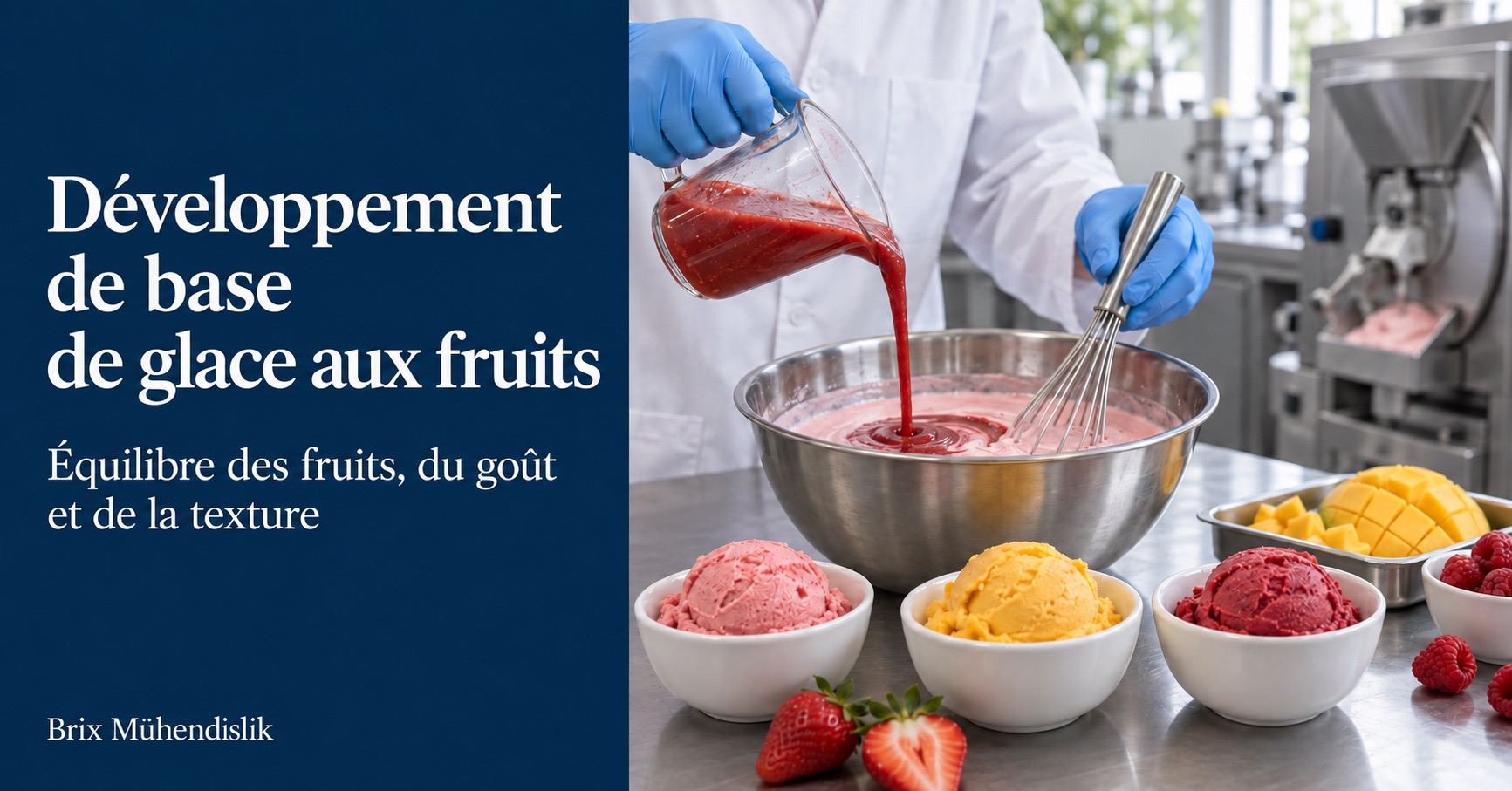 Spécialiste ajoutant une purée de fraises à une base de glace aux fruits dans une cuisine pilote, près de desserts glacés.