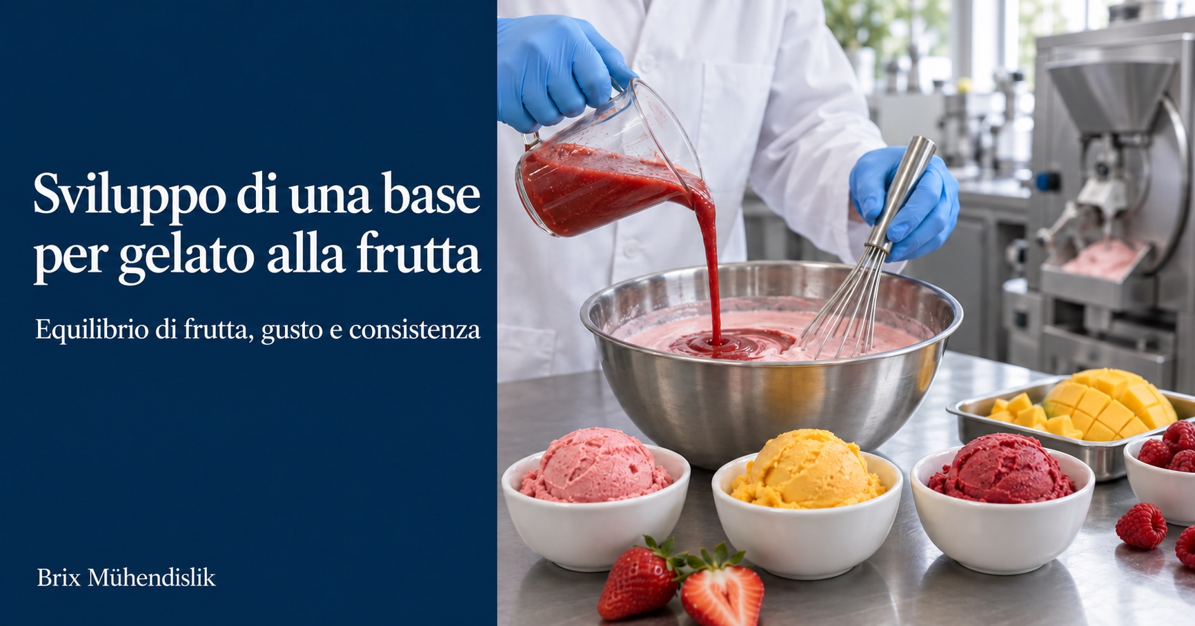 Specialista aggiunge purea di fragole a una base per gelato alla frutta in una cucina pilota accanto a campioni di gelato.