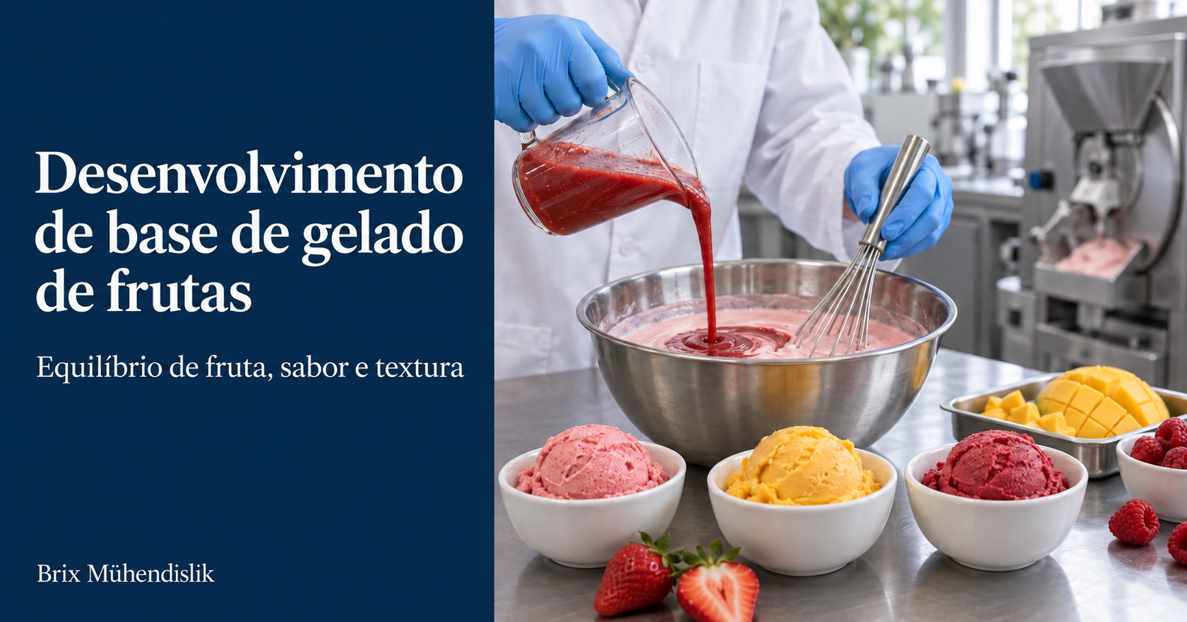 Especialista adiciona puré de morango a uma base de gelado de frutas numa cozinha piloto junto a amostras de gelados.