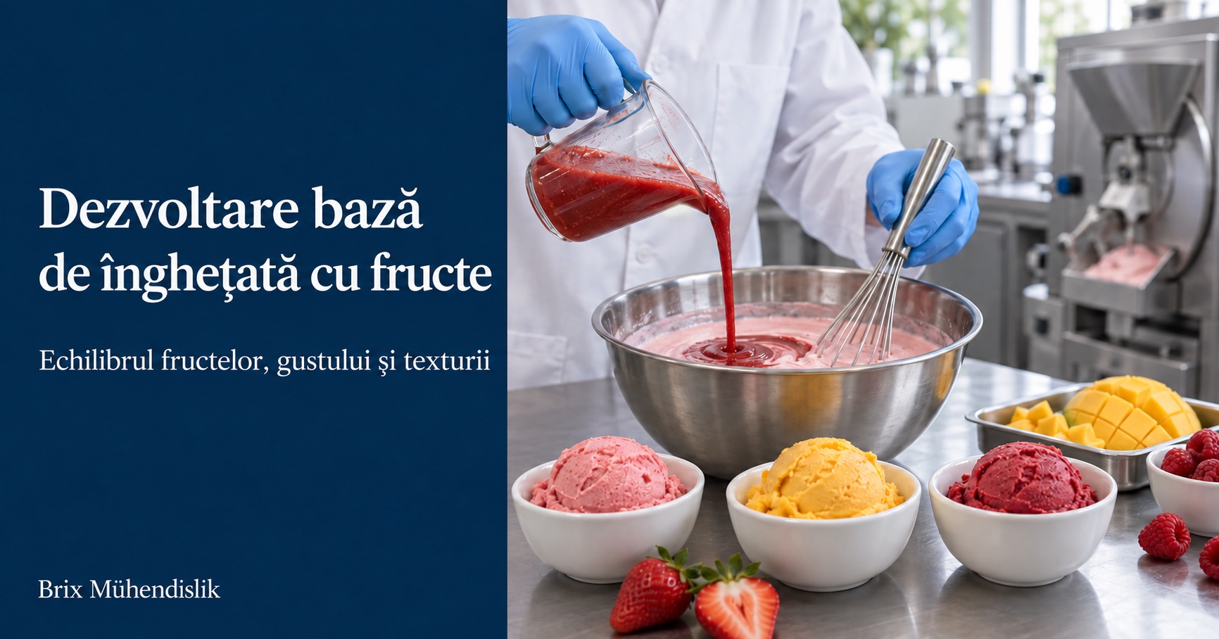 Specialist adaugă piure de căpșuni într-o bază de înghețată cu fructe într-o bucătărie pilot lângă probe de deserturi congelate.