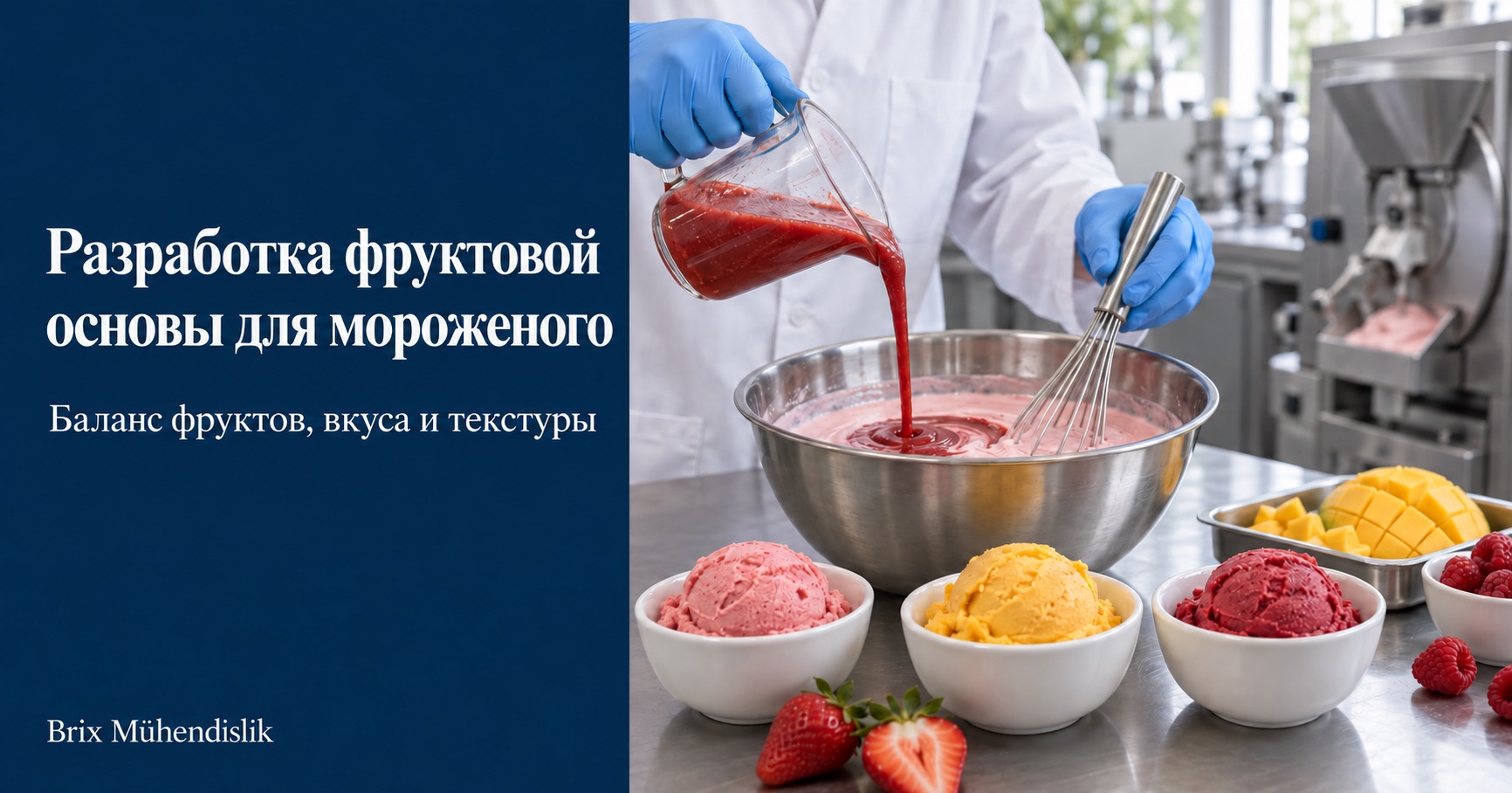 Специалист добавляет клубничное пюре во фруктовую основу мороженого на пилотной кухне рядом с образцами десертов.