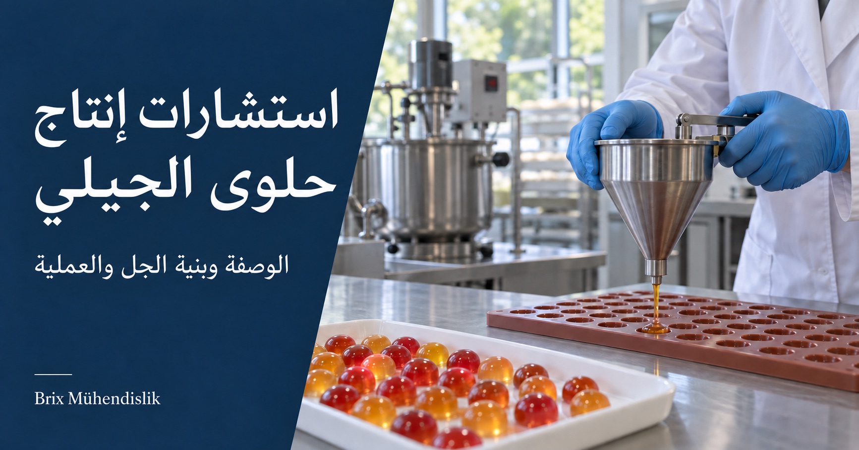 مختص يصب خليط حلوى الجيلي بقمع تعبئة في قالب سيليكون، وبجانبه عينات حلوى ملونة في مطبخ تجريبي.